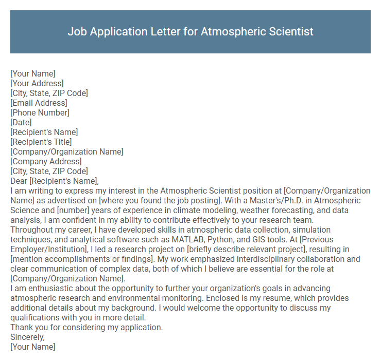 Job Application Letter for Atmospheric Scientist