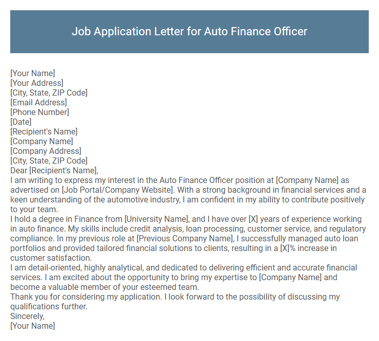Job Application Letter for Auto Finance Officer