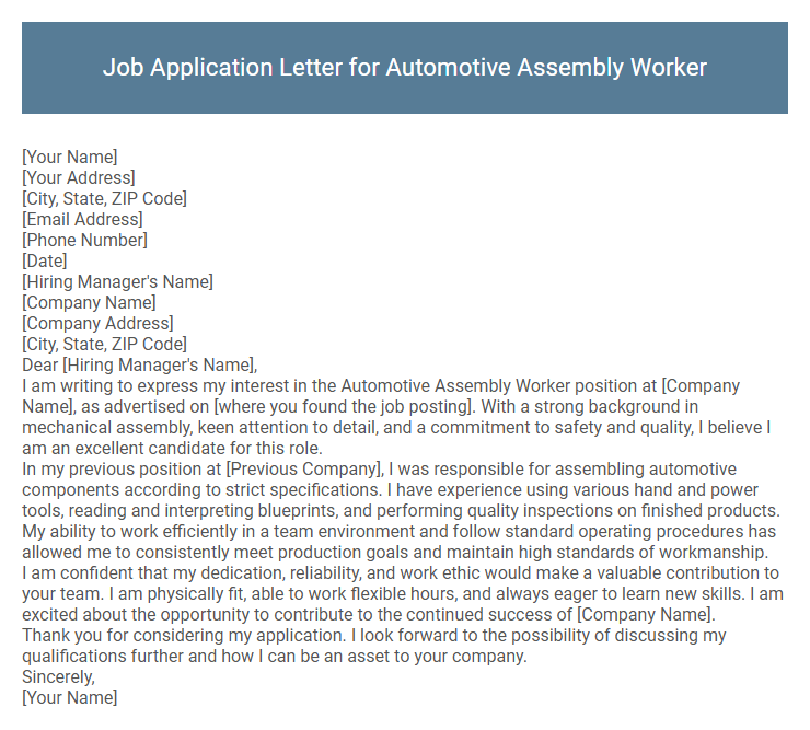 Job Application Letter for Automotive Assembly Worker