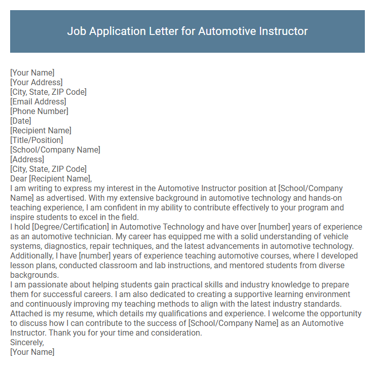 Job Application Letter for Automotive Instructor