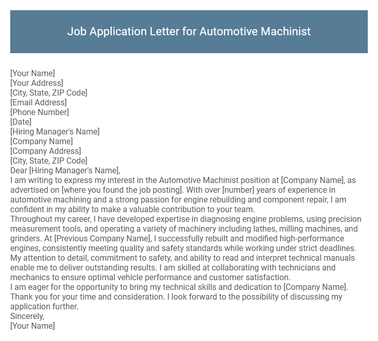 Job Application Letter for Automotive Machinist