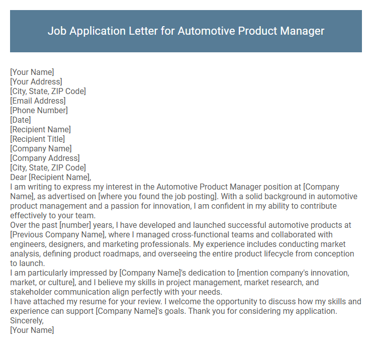 Job Application Letter for Automotive Product Manager