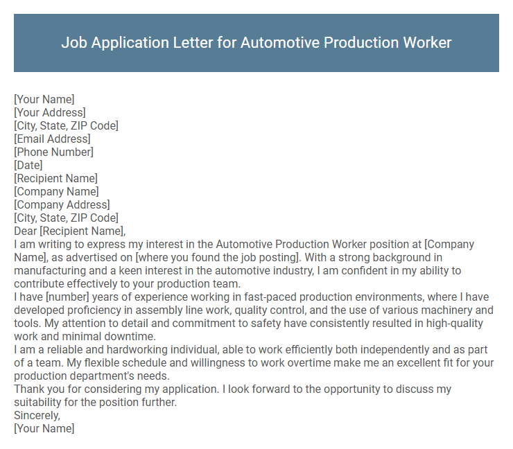 Job Application Letter for Automotive Production Worker