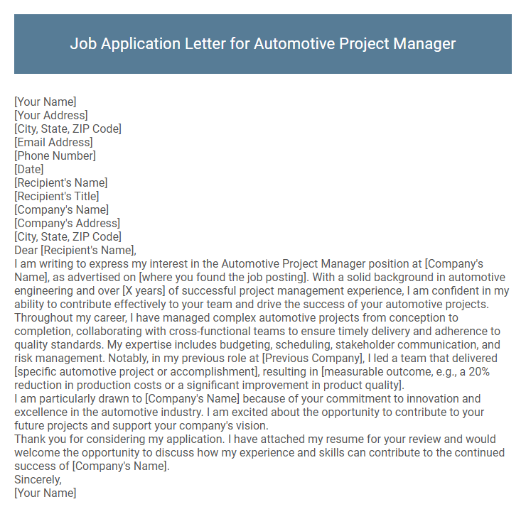 Job Application Letter for Automotive Project Manager