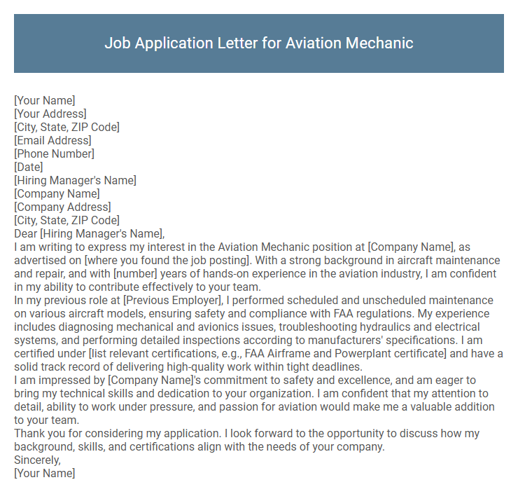 Job Application Letter for Aviation Mechanic