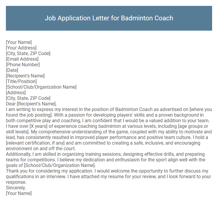 Job Application Letter for Badminton Coach