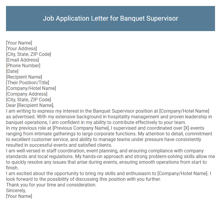 Job Application Letter for Banquet Supervisor