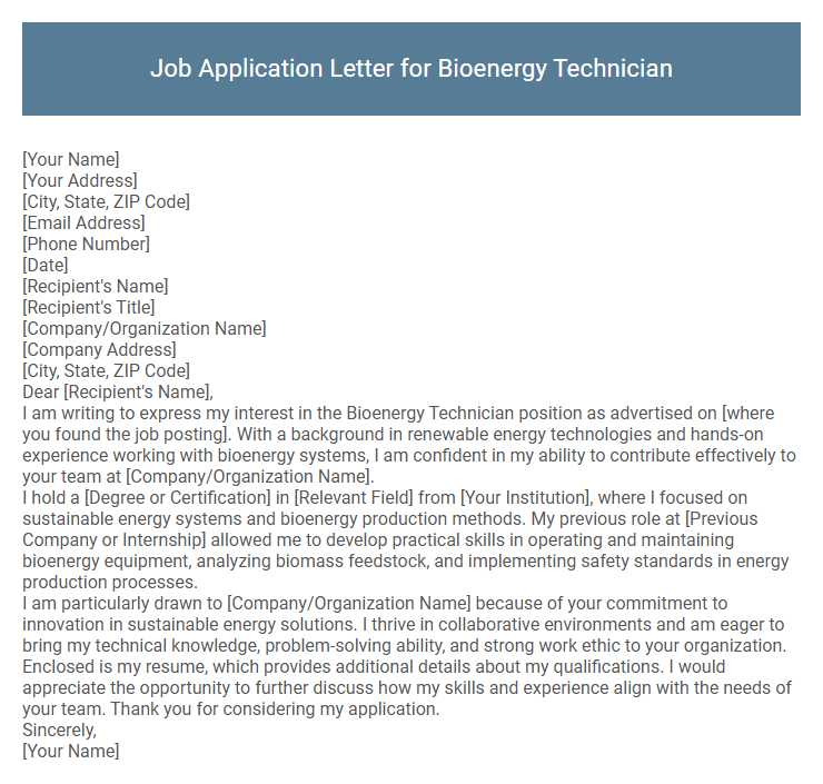 Job Application Letter for Bioenergy Technician