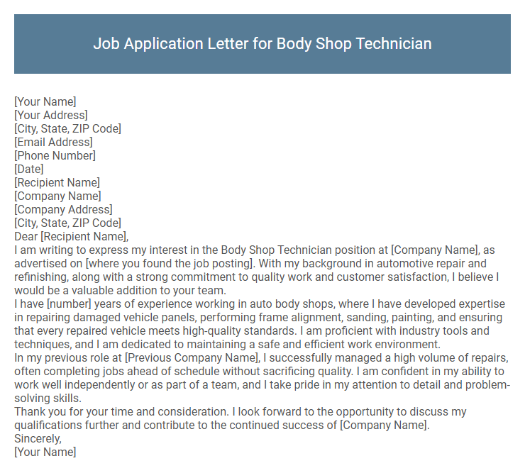Job Application Letter for Body Shop Technician