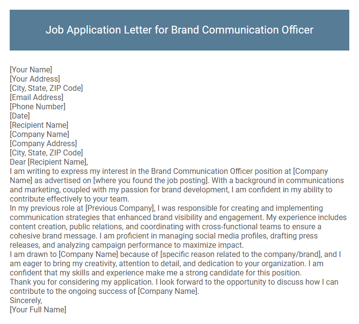 Job Application Letter for Brand Communication Officer