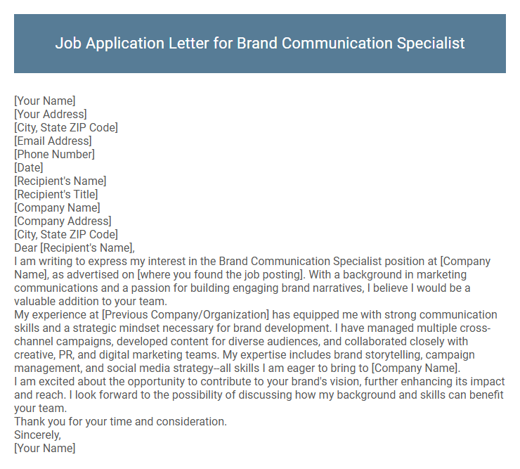 Job Application Letter for Brand Communication Specialist