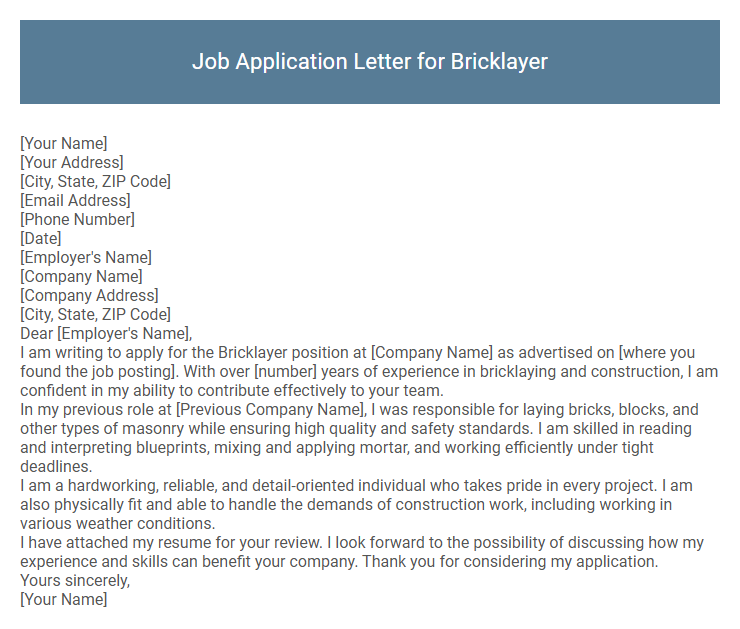 Job Application Letter for Bricklayer