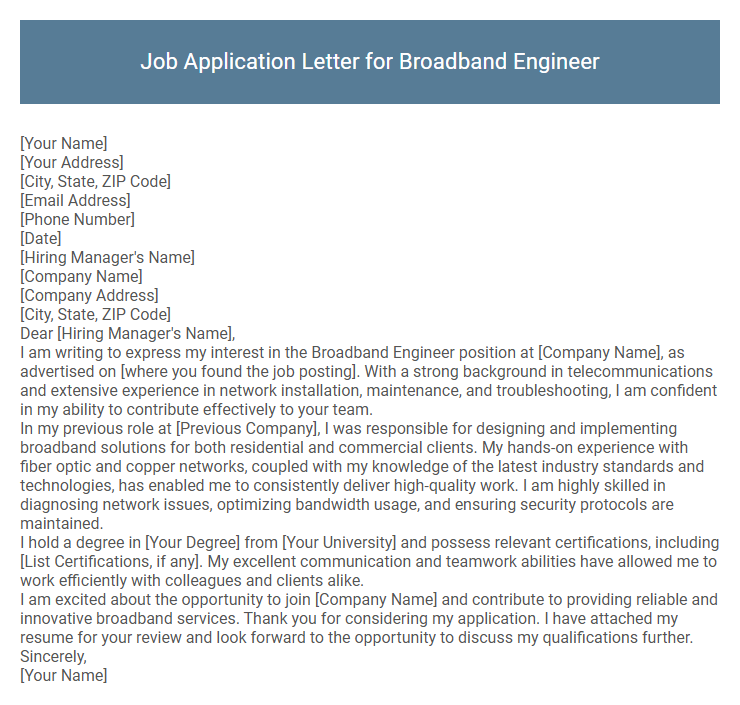 Job Application Letter for Broadband Engineer