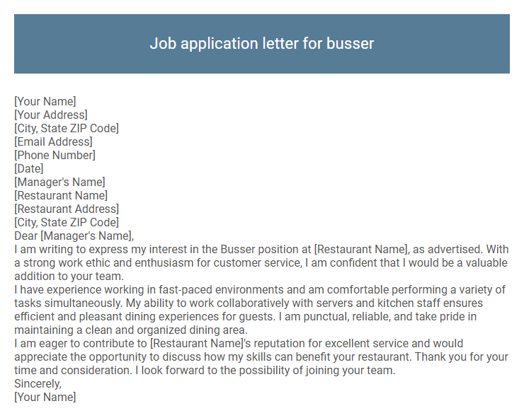 Job application letter for busser