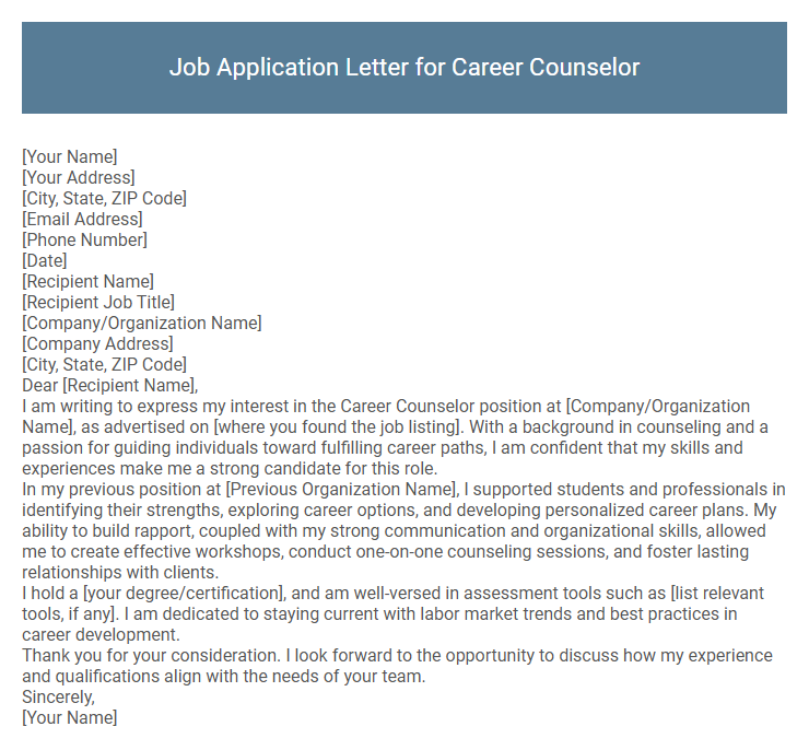 Job Application Letter for Career Counselor