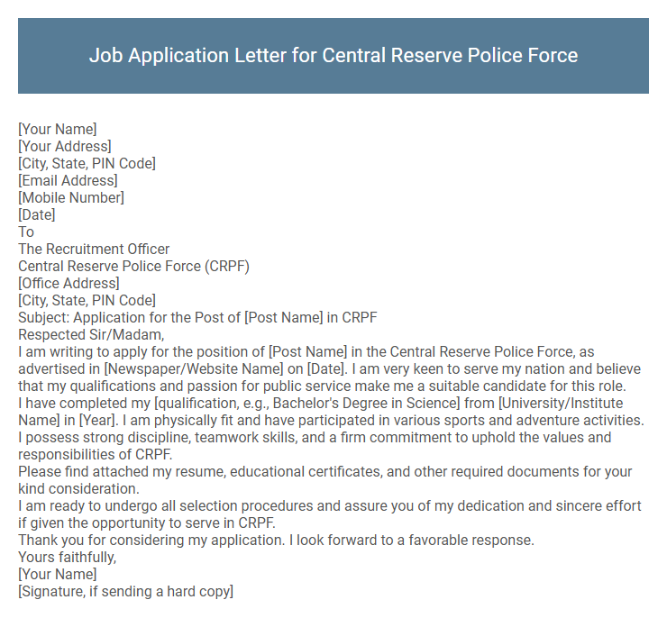 Job Application Letter for Central Reserve Police Force