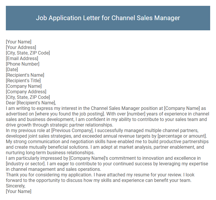 Job Application Letter for Channel Sales Manager