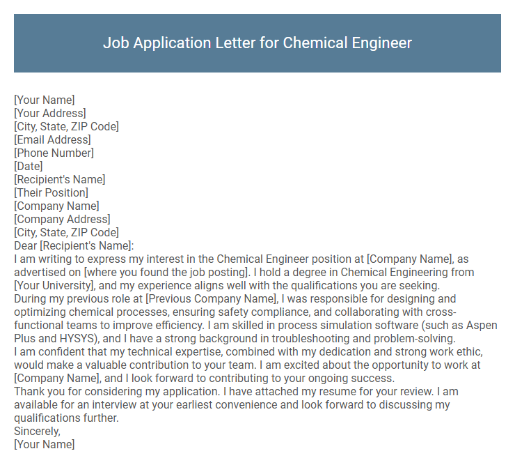 Job Application Letter for Chemical Engineer