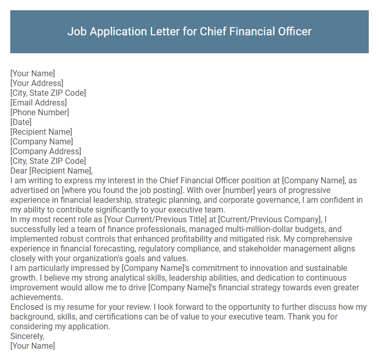 Job Application Letter for Chief Financial Officer