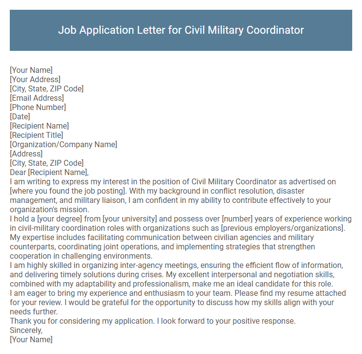 Job Application Letter for Civil Military Coordinator