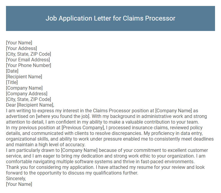 Job Application Letter for Claims Processor