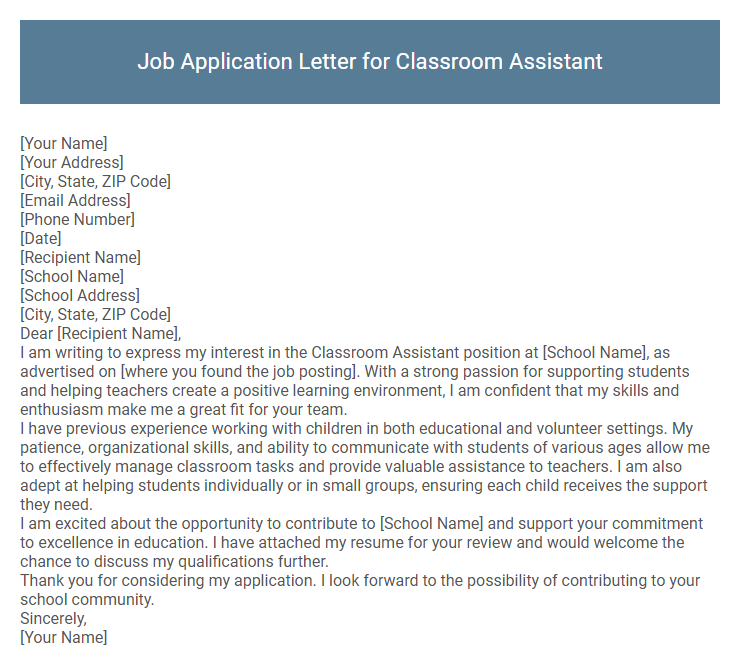 Job Application Letter for Classroom Assistant