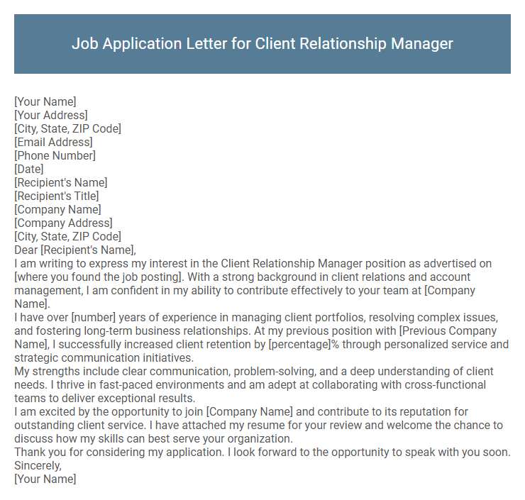 Job Application Letter for Client Relationship Manager