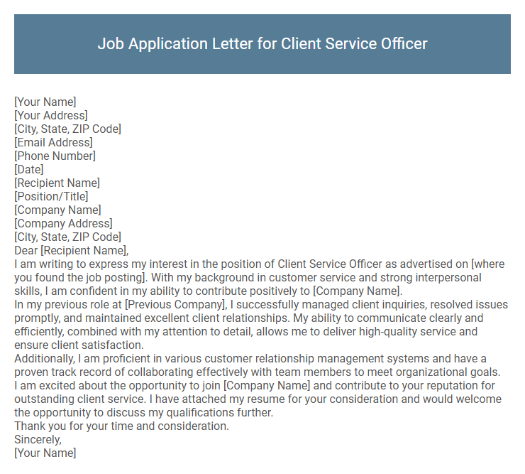Job Application Letter for Client Service Officer