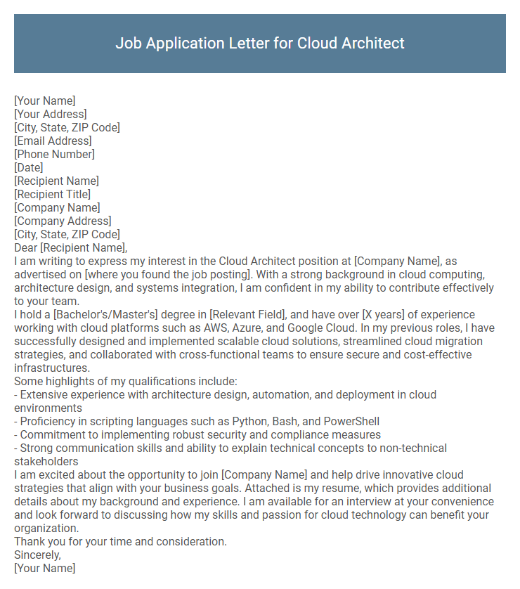 Job Application Letter for Cloud Architect