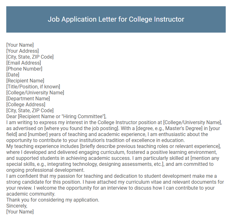 Job Application Letter for College Instructor