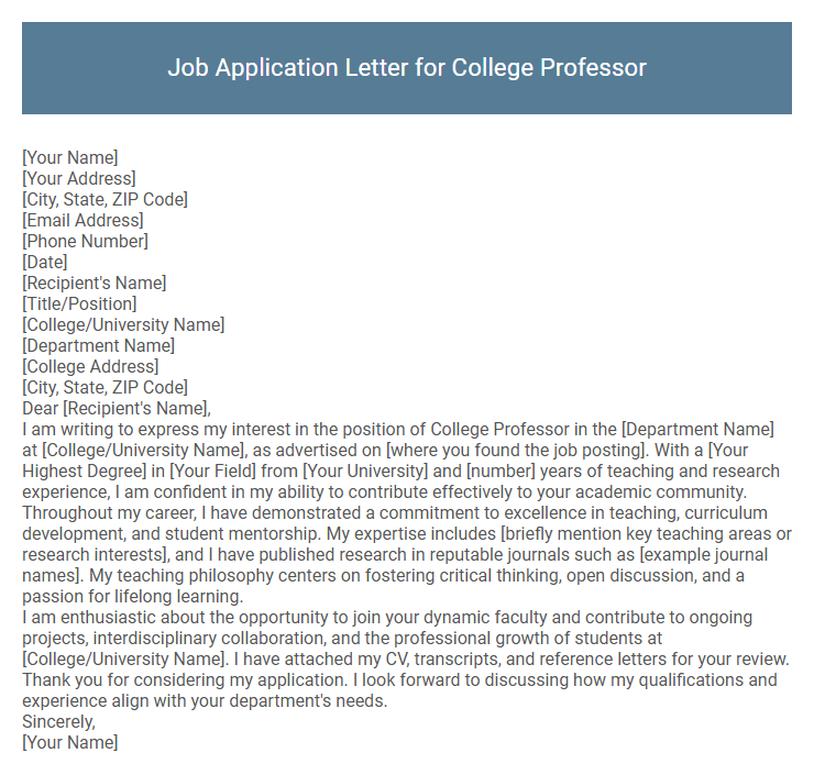 Job Application Letter for College Professor