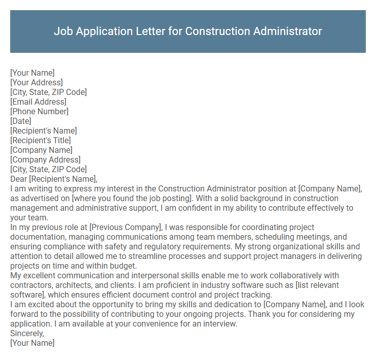 Job Application Letter for Construction Administrator