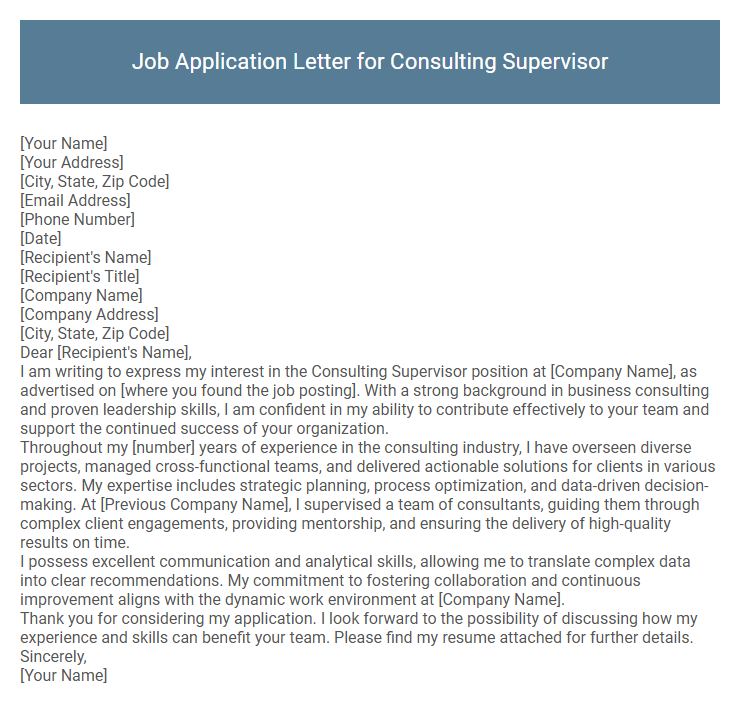Job Application Letter for Consulting Supervisor