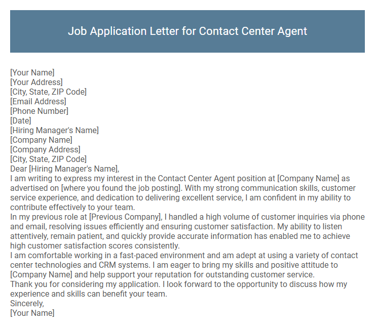 Job Application Letter for Contact Center Agent