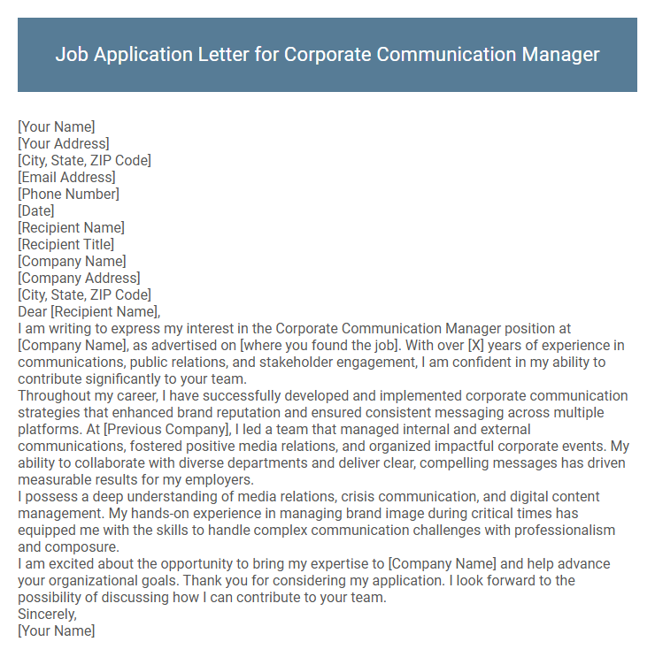 Job Application Letter for Corporate Communication Manager