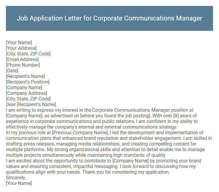 Job Application Letter for Corporate Communications Manager