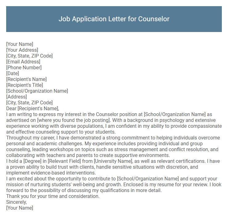 Job Application Letter for Counselor