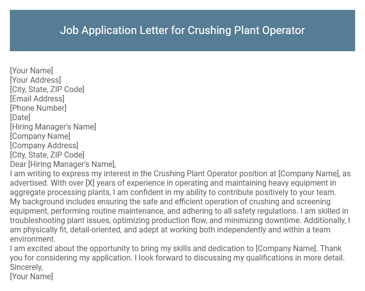 Job Application Letter for Crushing Plant Operator