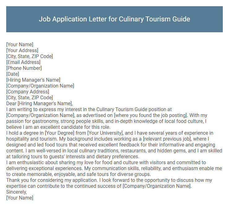 Job Application Letter for Culinary Tourism Guide