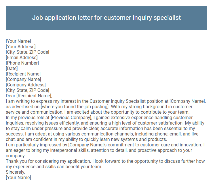 Job application letter for customer inquiry specialist