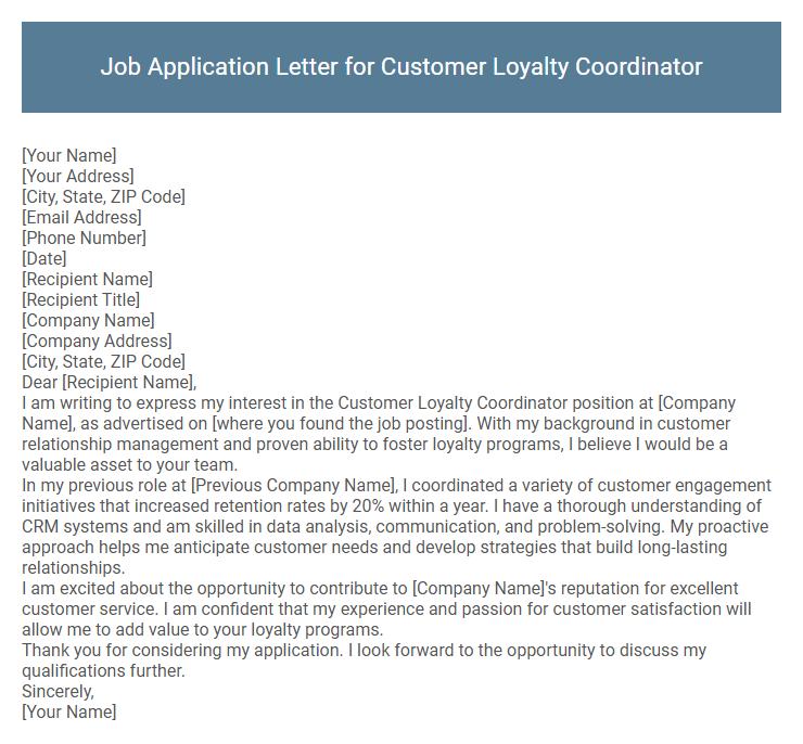 Job Application Letter for Customer Loyalty Coordinator