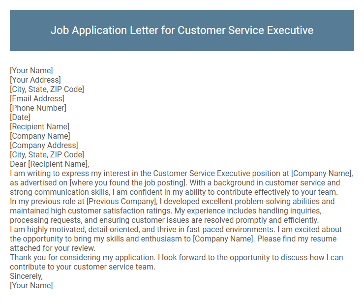 Job Application Letter for Customer Service Executive