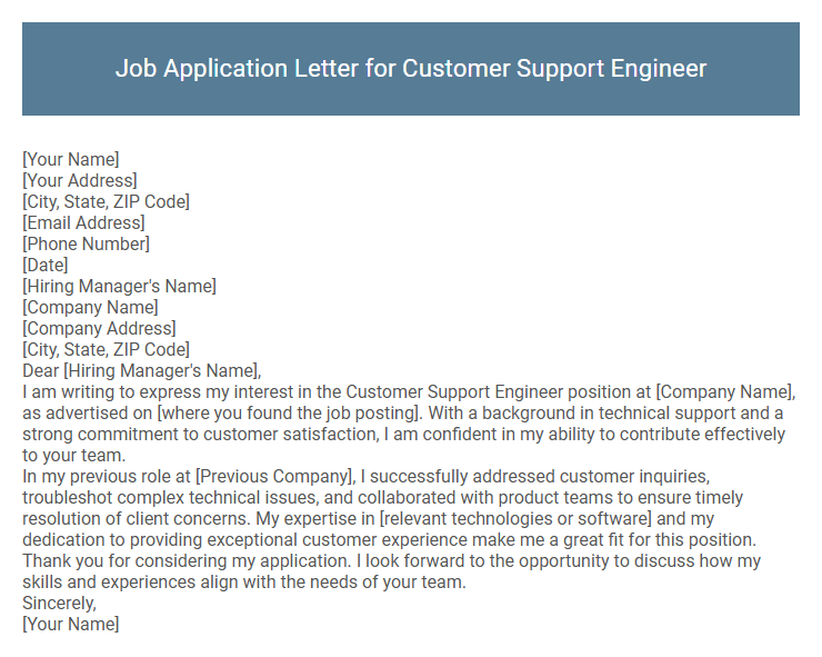 Job Application Letter for Customer Support Engineer