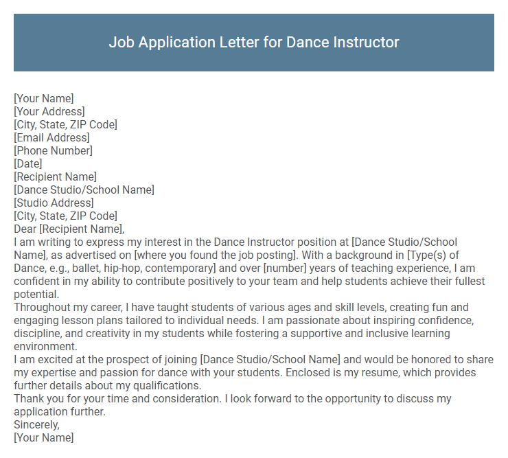 Job Application Letter for Dance Instructor