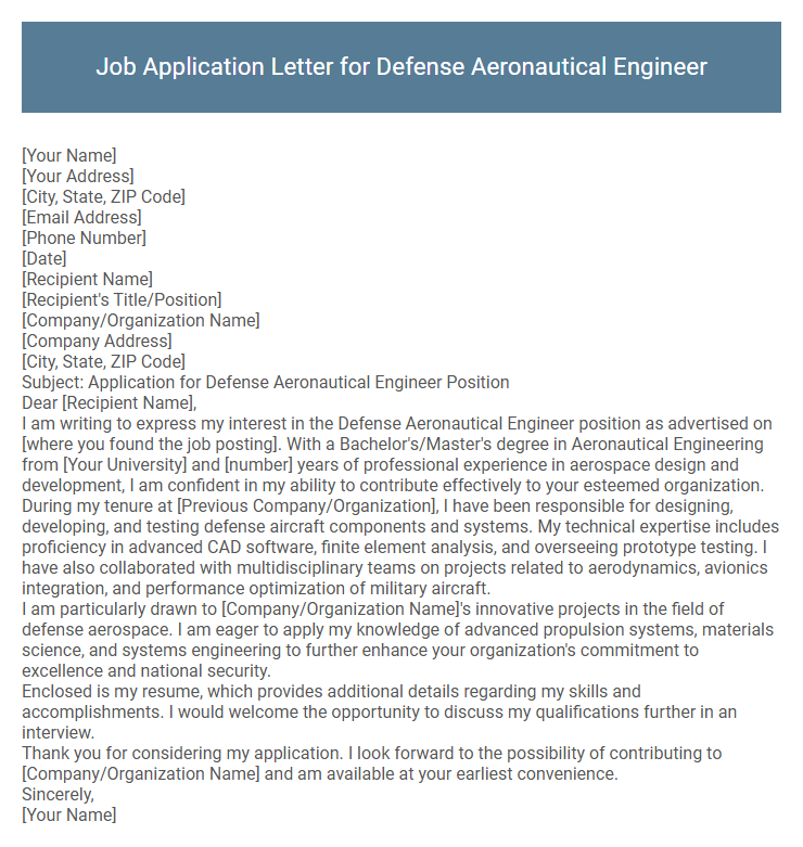 Job Application Letter for Defense Aeronautical Engineer