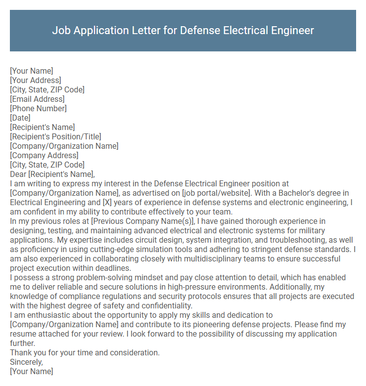 Job Application Letter for Defense Electrical Engineer