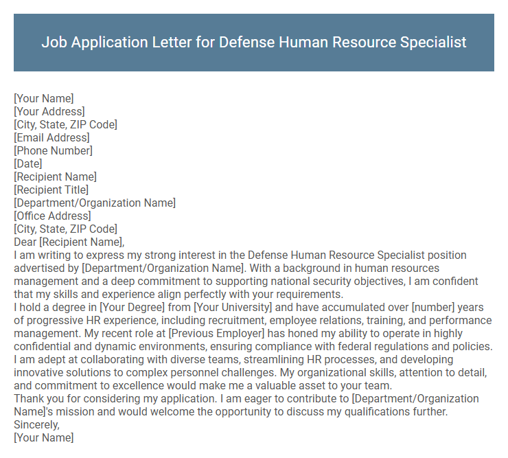 Job Application Letter for Defense Human Resource Specialist