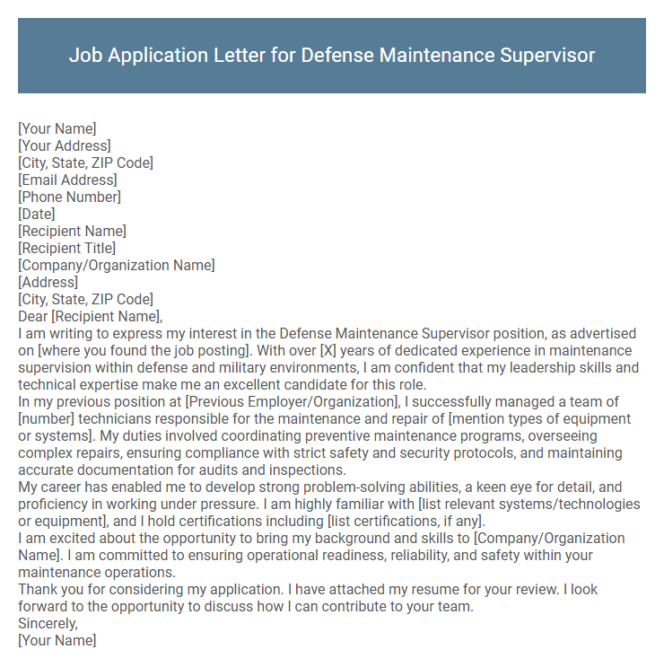 Job Application Letter for Defense Maintenance Supervisor