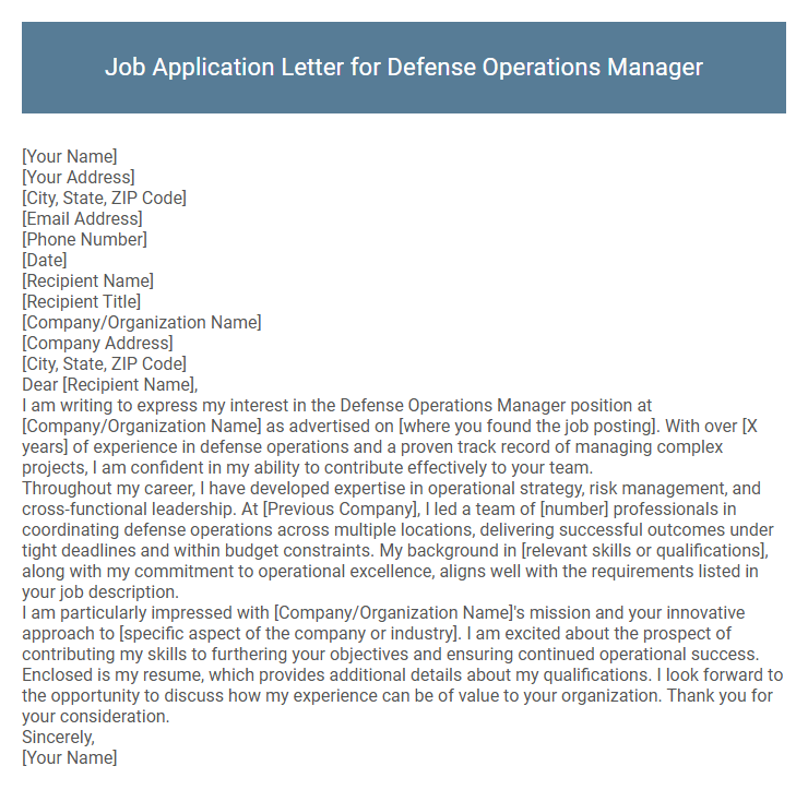 Job Application Letter for Defense Operations Manager