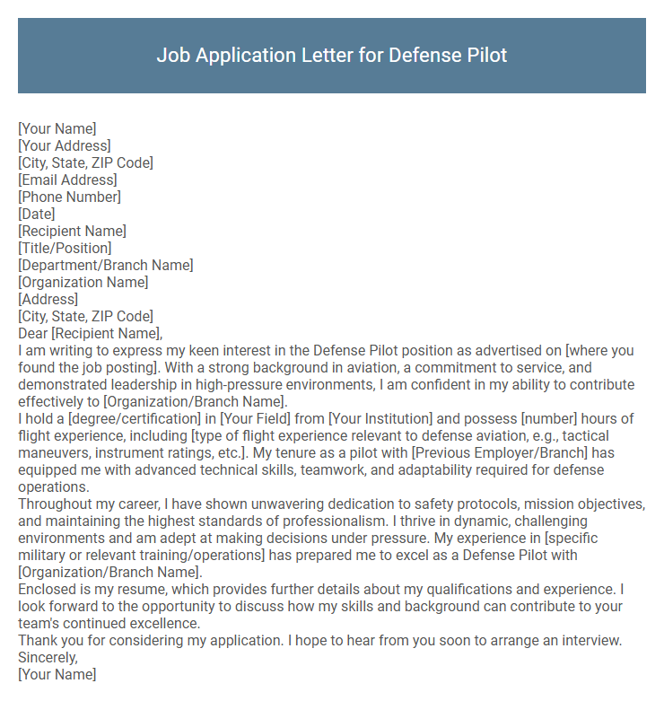 Job Application Letter for Defense Pilot